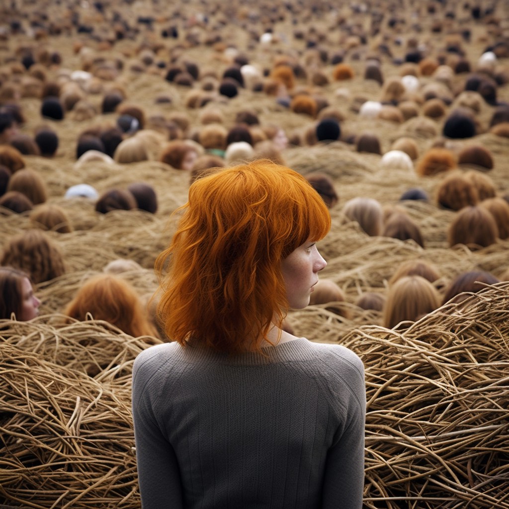 Midjourney imagines a single woman looking for a needle in a haystack
