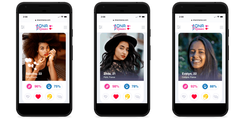 Application de rencontre DNA Romance sur trois téléphones