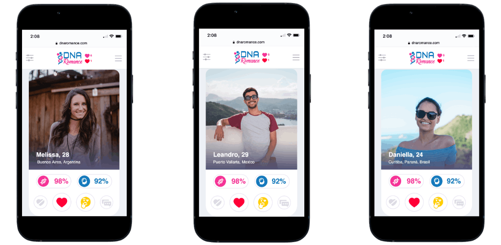 Aplicación de citas DNA Romance en tres teléfonos
